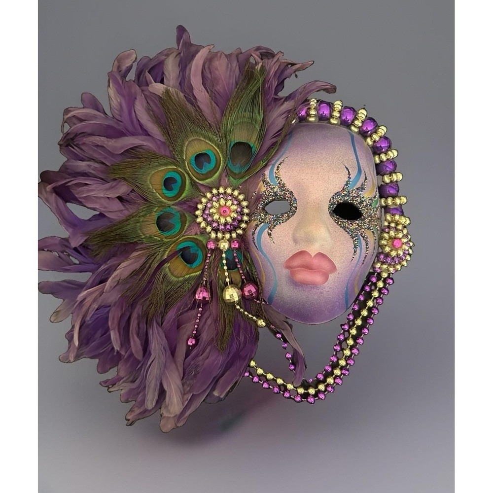 Purple Peacock Feathered Carnival Mask Masquerade Mardi Gras Signed New Orleans